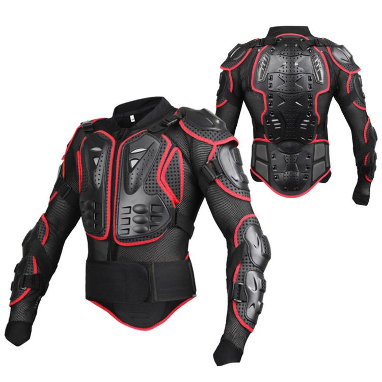 Motorcycle body armor jacket with removable spine protector, red-accented protective armor panels