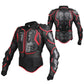 Motorcycle body armor jacket with red piping, vented armor panels, and removable spine plate
