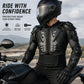 Motorcycle body armor jacket with vented chest panels and padded shoulder and forearm protectors