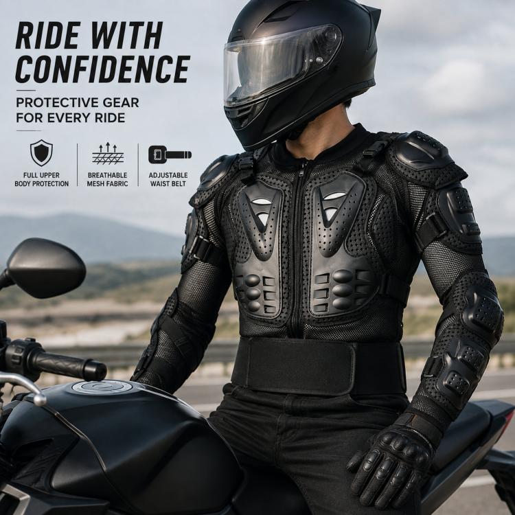 Motorcycle body armor jacket with vented chest panels and padded shoulder and forearm protectors