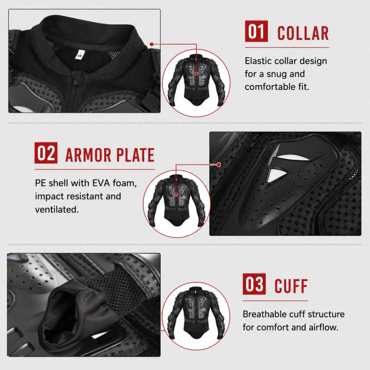 Motorcycle body armor jacket detail view with elastic collar, protective armor plates, and padded cuffs