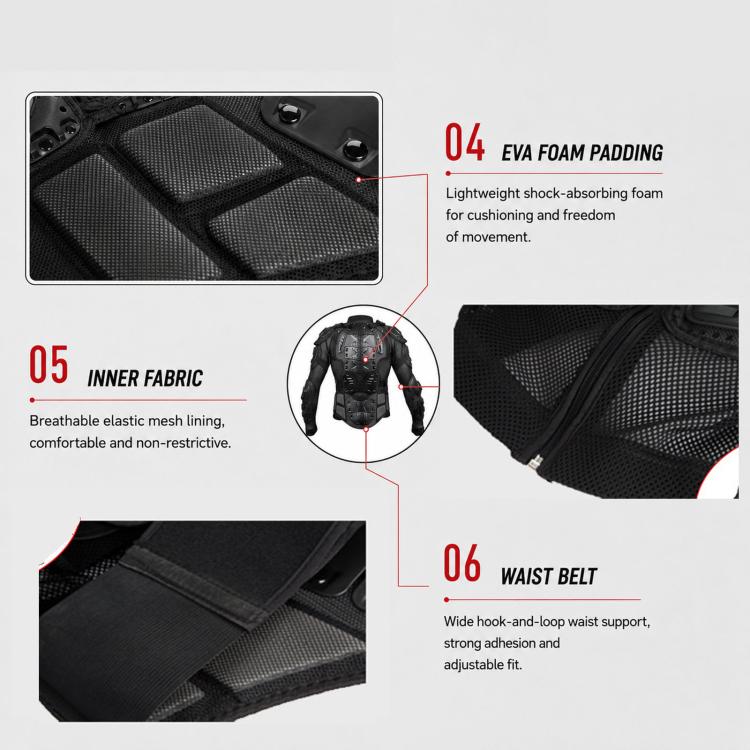 Motorcycle body armor jacket detail showing EVA foam padding and adjustable waist belt
