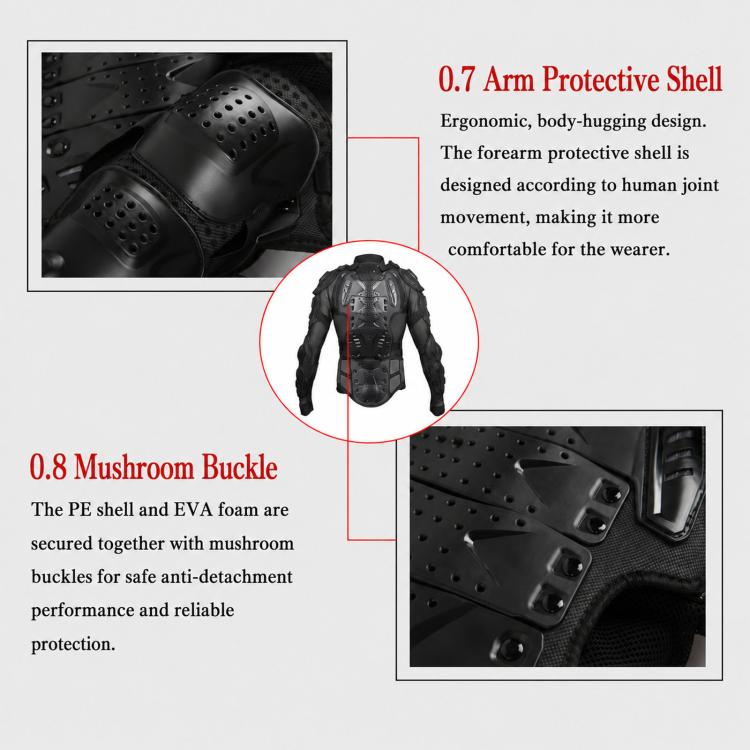 Motorcycle body armor jacket detail with arm protective shells and secure mushroom buckle straps