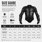 Motorcycle body armor jacket front view with vented chest armor and adjustable waist belt