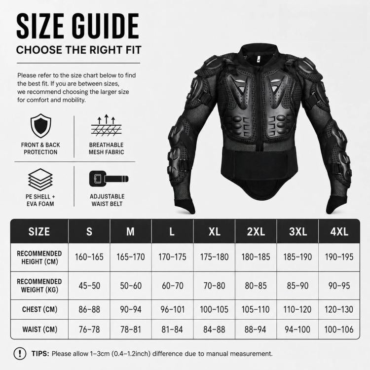 Motorcycle body armor jacket front view with vented chest armor and adjustable waist belt