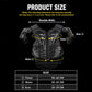 Black kids motorcycle body armor size chart with chest, waist, and arm measurements