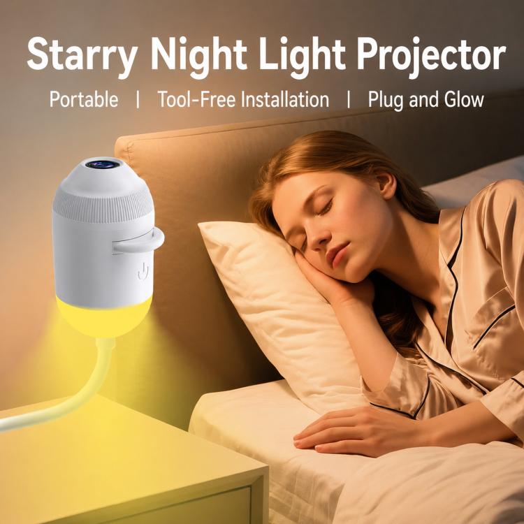 White star projector night light on a bedside surface, casting warm light
