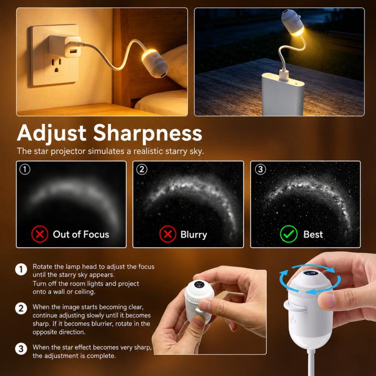 White star projector night light with adjustable focus and star projection settings