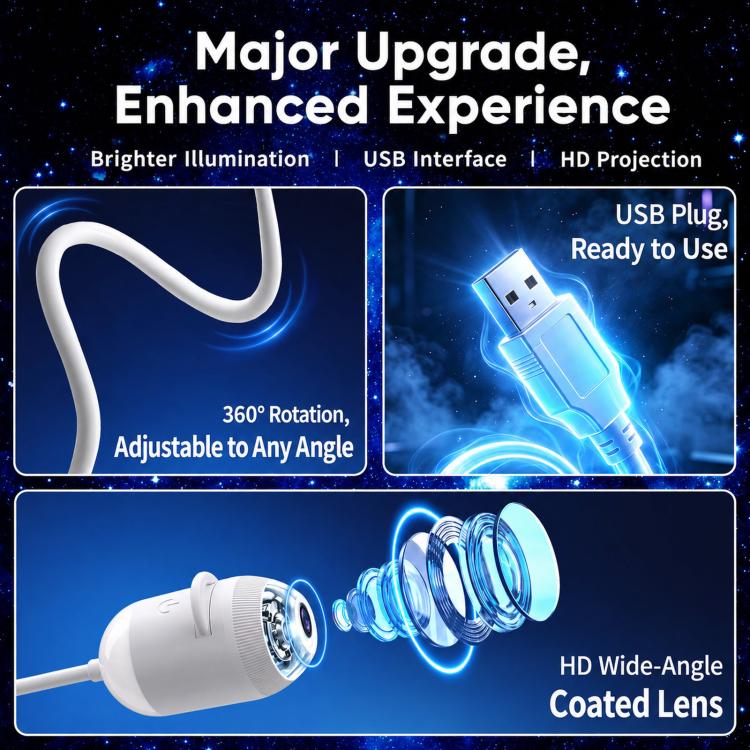 White star projector night light with adjustable head, USB connection, and lens detail