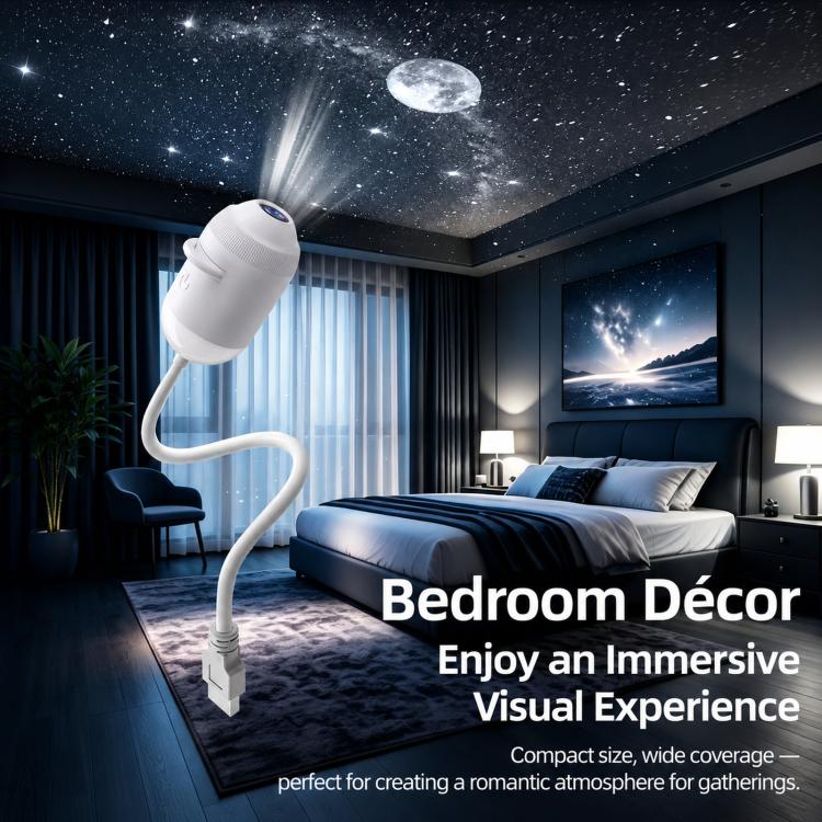 White star projector night light on a stand projecting starry light overhead