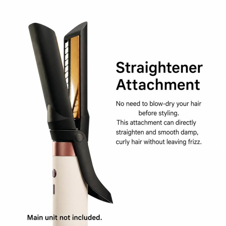 Black and rose-pink straightener attachment with twin heated plates and curved smoothing guard