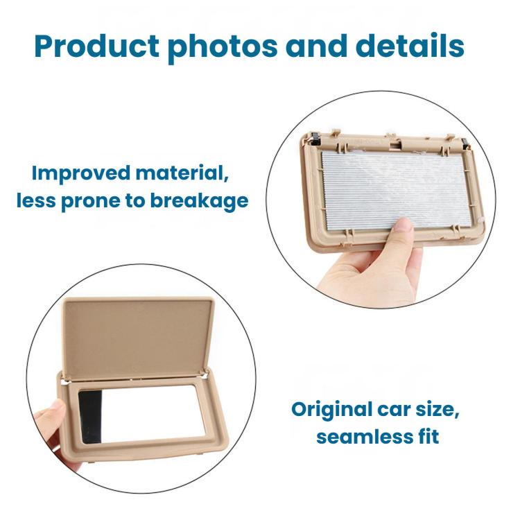 Beige sun visor vanity mirror unit with open lid, shown with hand