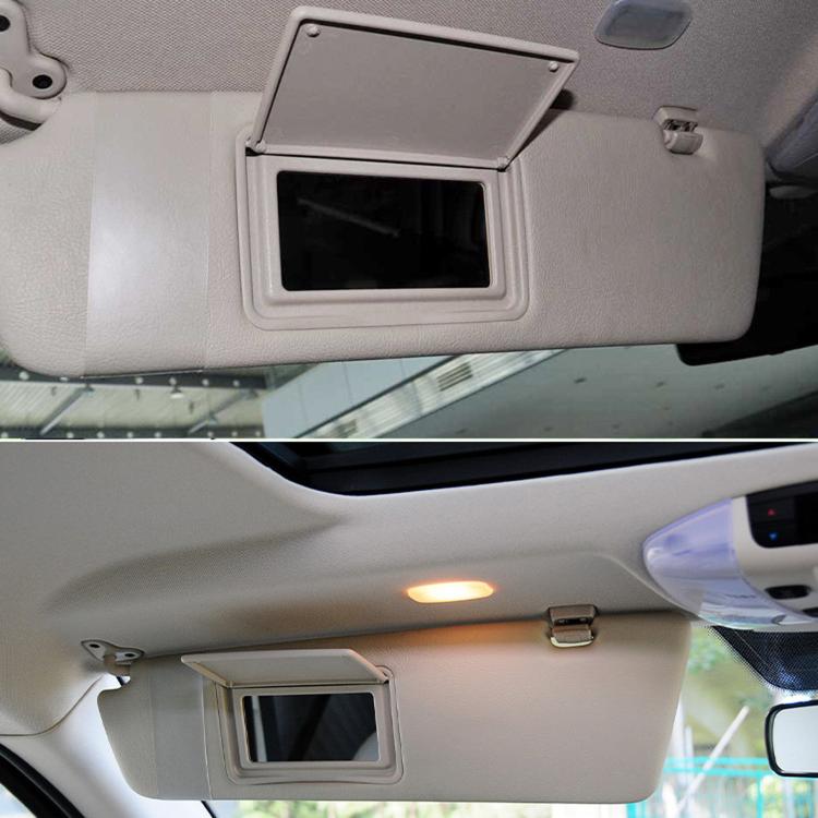 Car interior sun visor vanity mirrors, gray frames with one beige unit