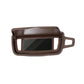 Dark brown sun visor vanity mirror with rectangular viewing window and side handle mount.