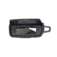 Black sun visor vanity mirror with rectangular viewing window and side handle bracket.