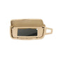 Beige sun visor vanity mirror with rectangular viewing window and side handle bracket.