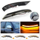 Dynamic LED side mirror turn signal assembly pair, black housing with wiring and amber lens