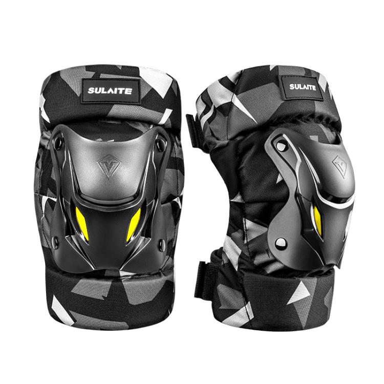 Motorcycle elbow and knee pads set, black camo with SULAITE labels and yellow highlight vents