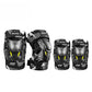 Motorcycle knee and elbow pads set, black/gray camo pattern with SULAITE logos and yellow accents