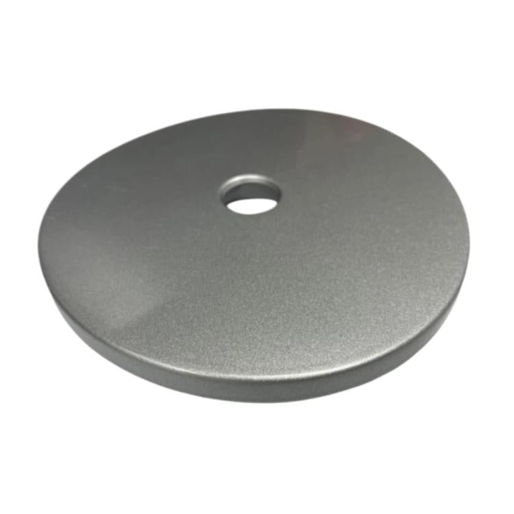 Fuel tank outer lock cover, round metal disc with small central opening, gray finish