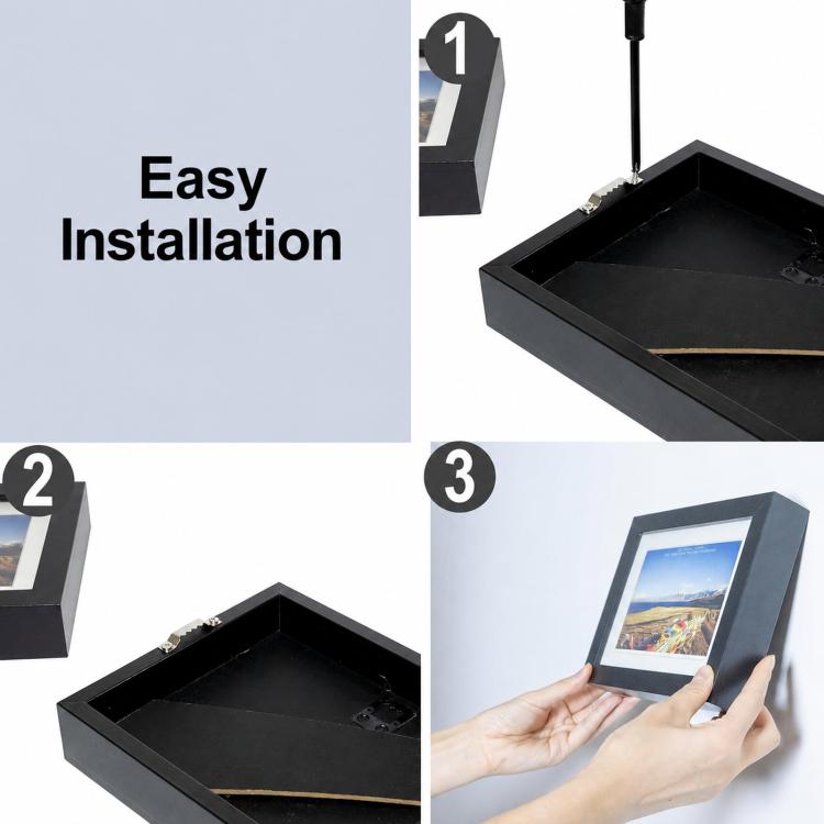 Black sawtooth picture hanging hook hardware with screw and install steps