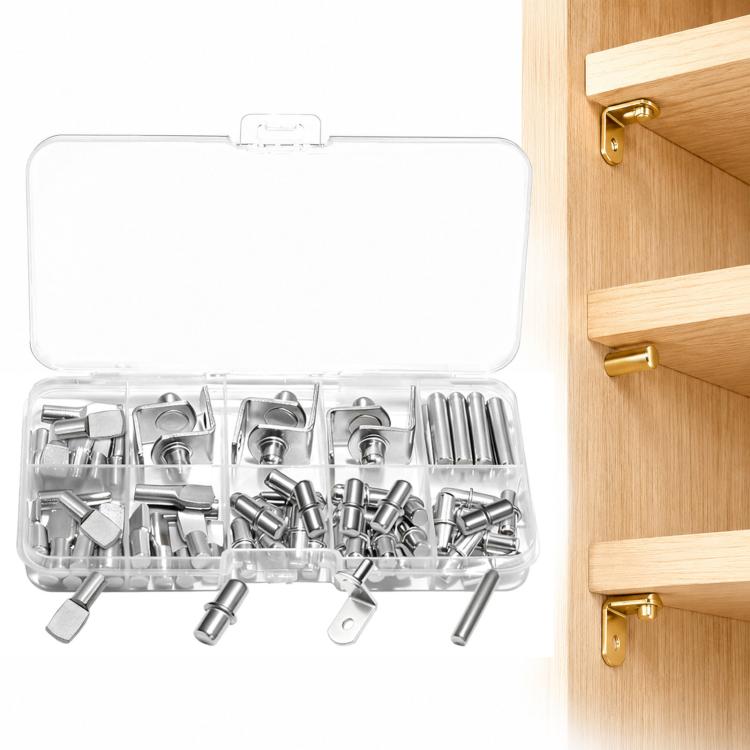 64 PCS/Pack Shelf Pegs Kit 4 Assorted Styles Shelf Support Pins Brackets Assortment with Storage Box, 64 PCS/Pack Gold, 64 PCS/Pack Silver