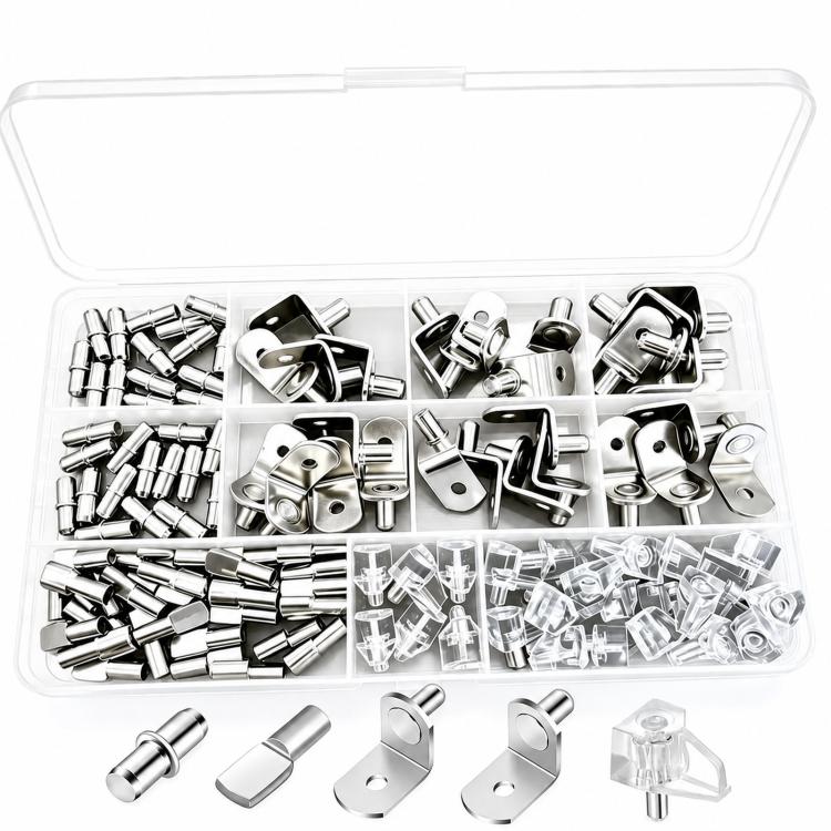 112 PCS/Box Shelf Pegs Kit 5 Assorted Styles Metal & Clear Plastic Shelf Support Pins Brackets Assortment with Organizer Box, 112 PCS/Box Silver