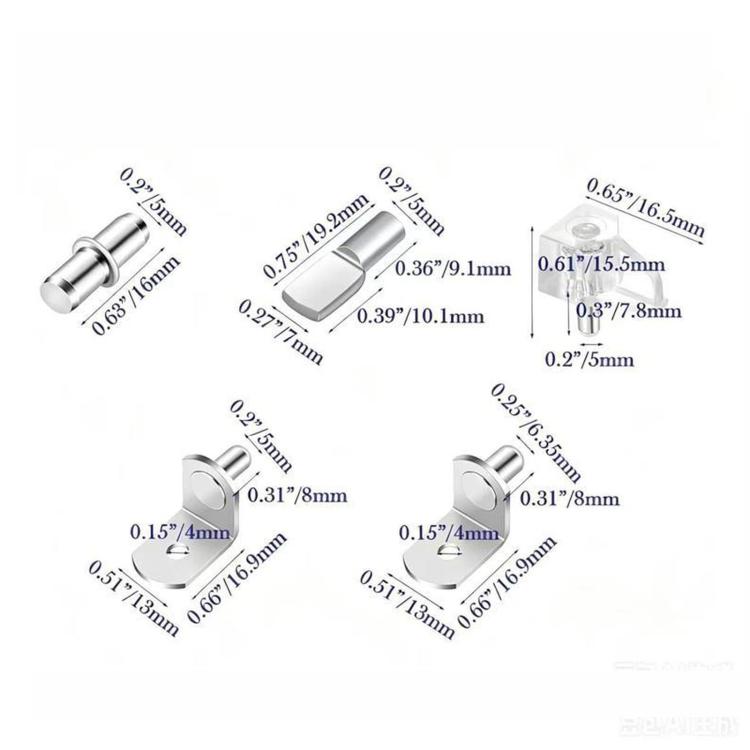 112 PCS/Box Shelf Pegs Kit 5 Assorted Styles Metal & Clear Plastic Shelf Support Pins Brackets Assortment with Organizer Box, 112 PCS/Box Silver