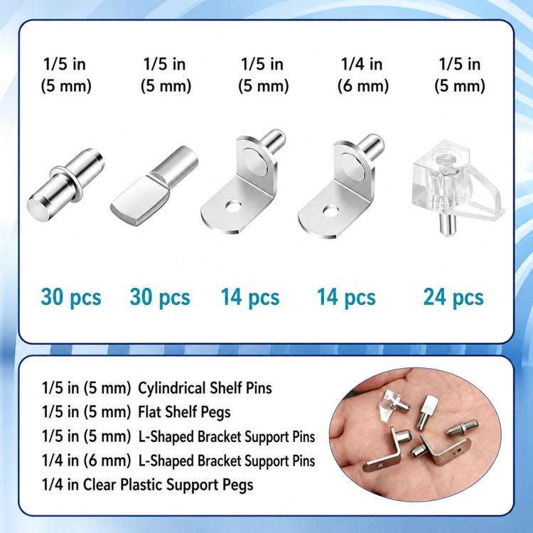 112 PCS/Box Shelf Pegs Kit 5 Assorted Styles Metal & Clear Plastic Shelf Support Pins Brackets Assortment with Organizer Box, 112 PCS/Box Silver