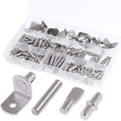 Metal shelf support pegs kit with assorted brackets and pins in clear plastic tray