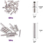 Assorted metal shelf support pins and brackets, close-up with measured parts
