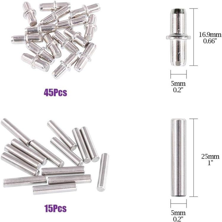 Assorted metal shelf support pins and brackets, close-up with measured parts