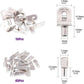 Assorted metal shelf support brackets and pins with dimension labels