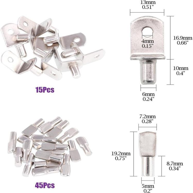 Assorted metal shelf support brackets and pins with dimension labels