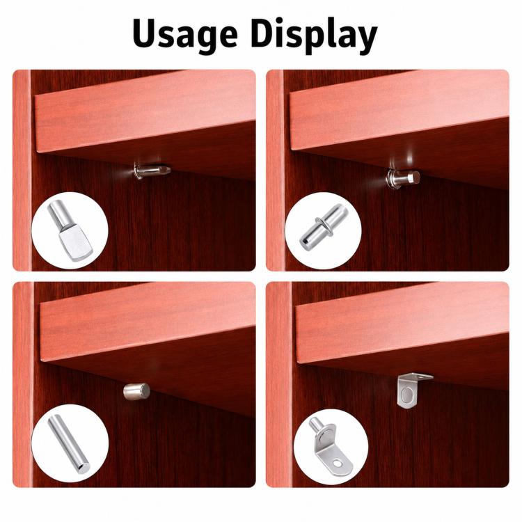 Metal shelf pegs kit usage display showing shelf support installation on cabinet