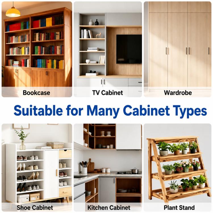 Metal shelf support pegs kit for various cabinets, shown in multiple furniture scenes