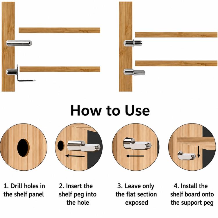 How-to use metal shelf pegs: drill, insert pegs, then install shelf board