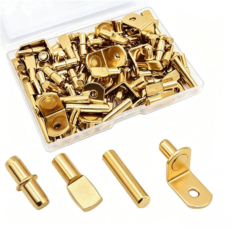 Gold metal shelf support pegs kit, assorted brackets and pins in a clear storage box