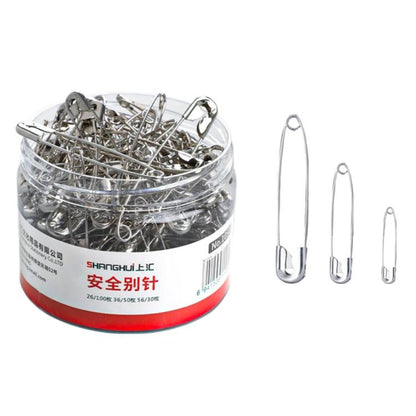 Extra-large stainless safety pins in clear plastic jar, 180pcs set