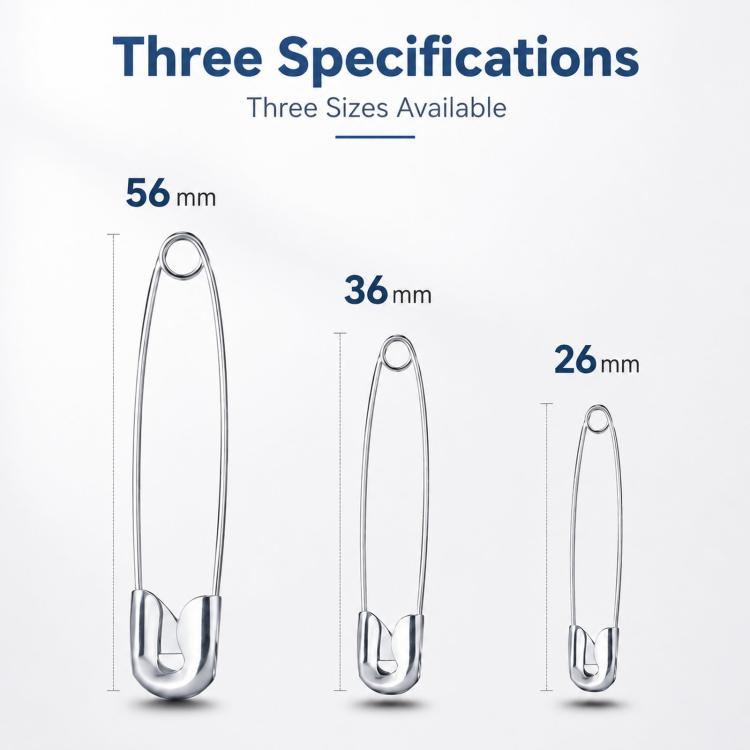 Three safety pin sizes: 56mm, 36mm, and 26mm stainless U-pin set