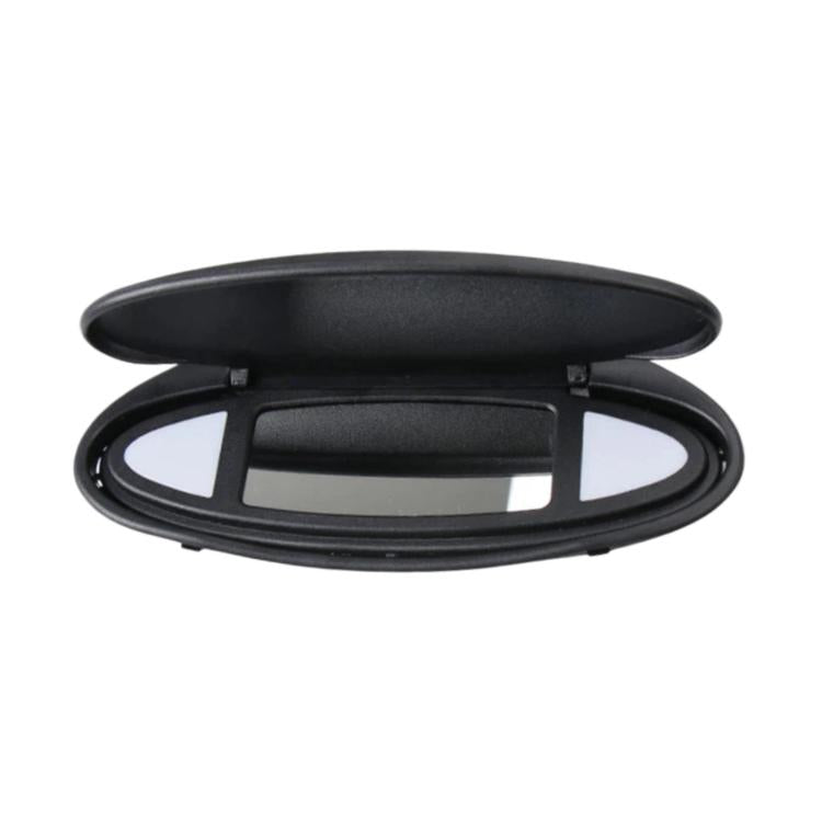 Black oval sun visor vanity mirror cover with hinged flap, left-hand drive fit