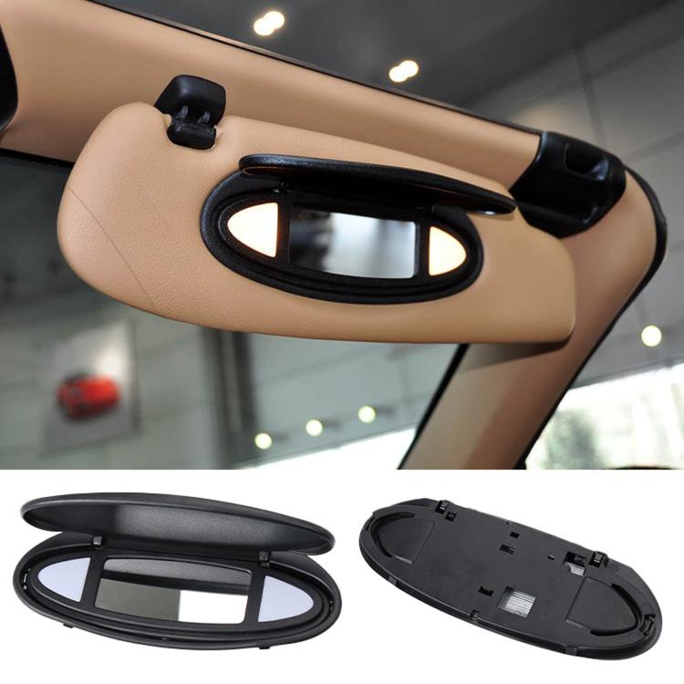 Black sun visor vanity mirror cover set, shown installed on beige car interior