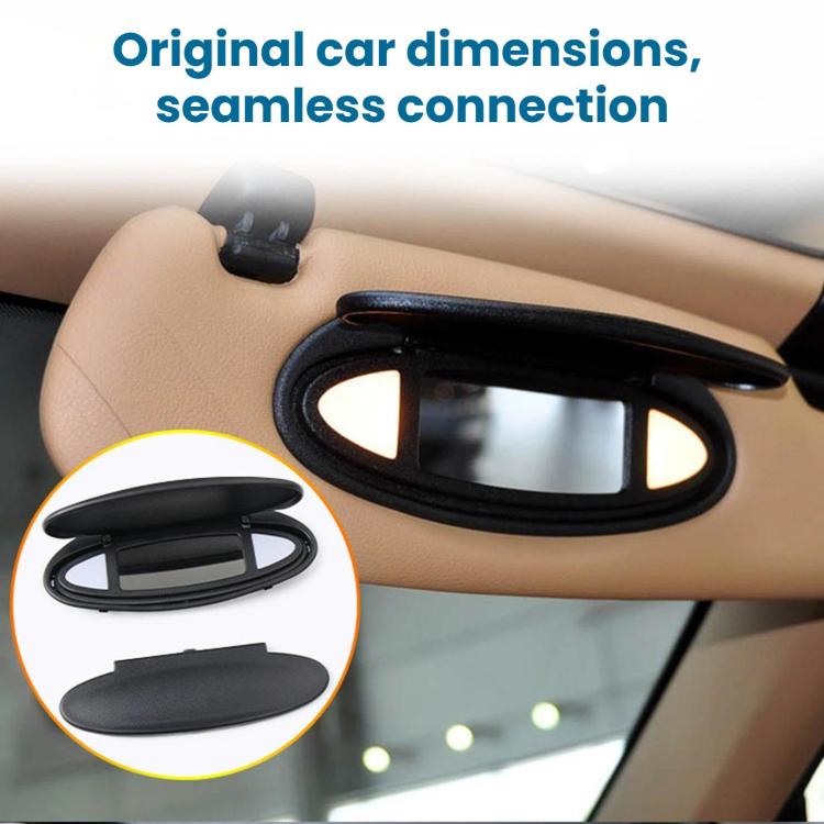 Black oval vanity mirror cover on car sun visor, with close-up insert views