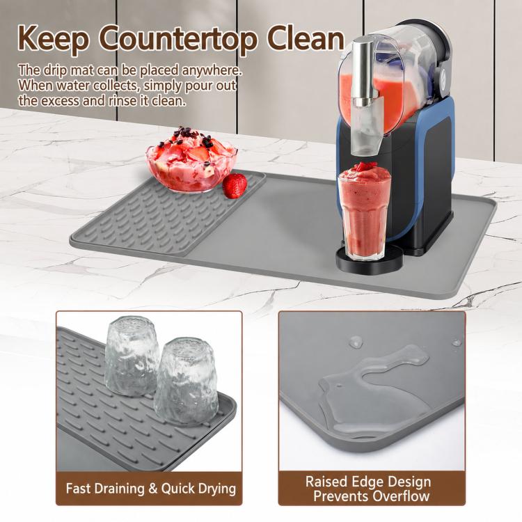 Gray silicone draining mat with textured surface and raised rim to help prevent overflow