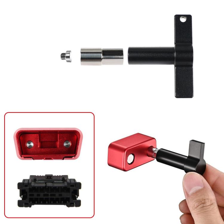 OBD port lock with black tool handle and key, plus inset showing the latch.