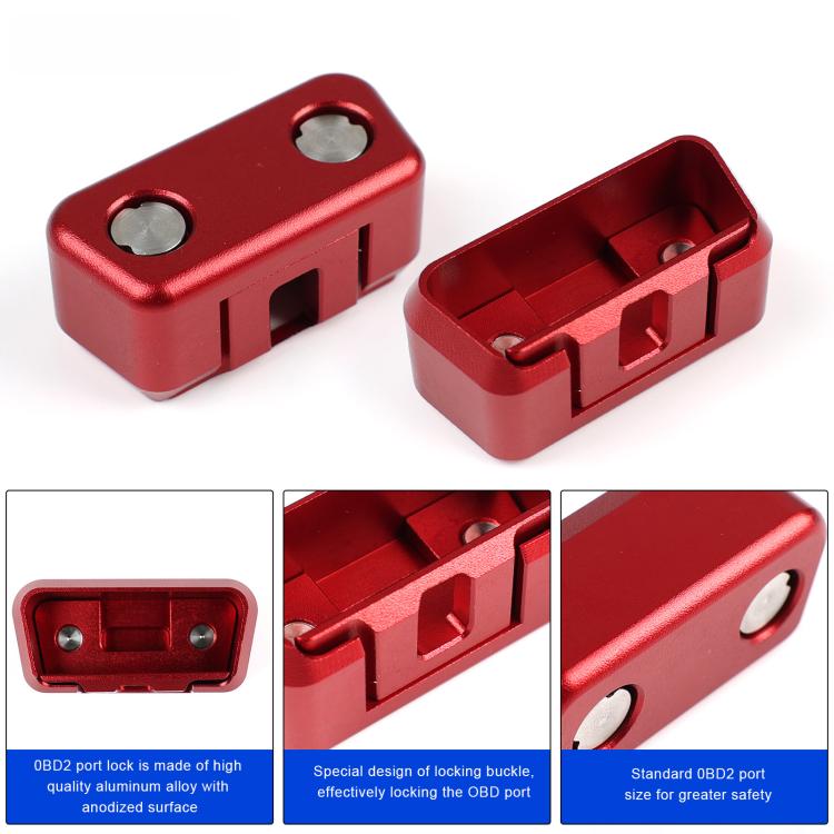 Red OBD port lock body shown open and closed, with latch details visible.
