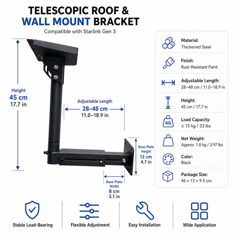 Starlink Gen 3 telescopic roof and wall mount bracket, adjustable length black steel