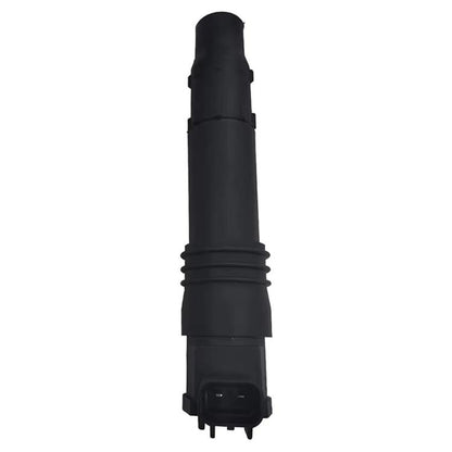 Black ignition coil with connector end and mounting base, single unit.