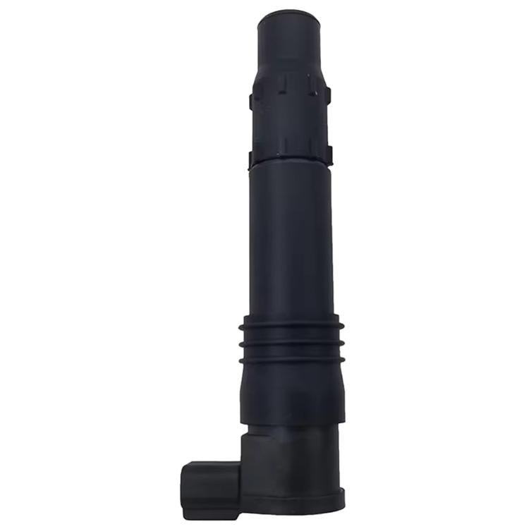 Black ignition coil with angled connector base and electrical plug housing.