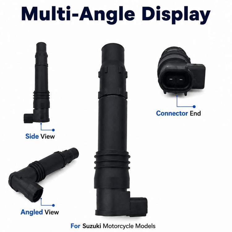 Set of black ignition coils showing side and angled views; connector end visible.
